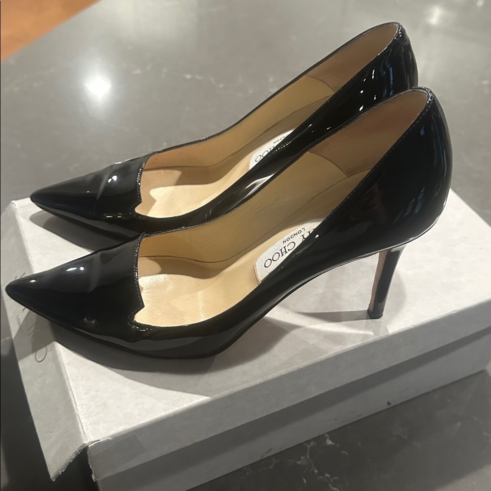 Jimmy Choo Black Patent Leather Heels size 37.5 3 1/2 inch heels